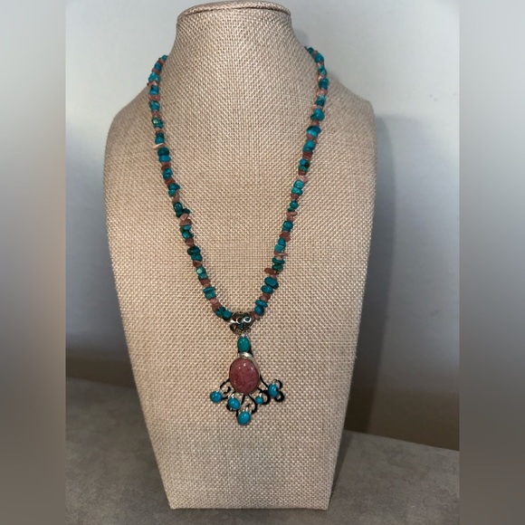 Turquoise & Rhodochrosite bead necklace with pendant by Jay King - Picture 5 of 14